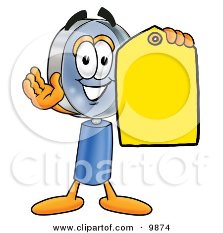 Clipart Picture of a Magnifying Glass Mascot Cartoon Character Holding a Yellow Sales Price Tag by Mascot Junction