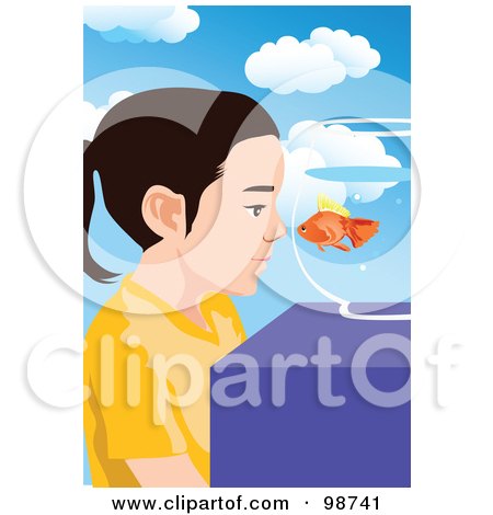 Royalty-Free (RF) Clipart Illustration of a Girl Gazing At A Goldfish In A Bowl by mayawizard101