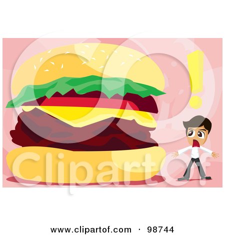 Royalty-Free (RF) Clipart Illustration of a Shocked Boy Standing By A Giant Cheeseburger by mayawizard101