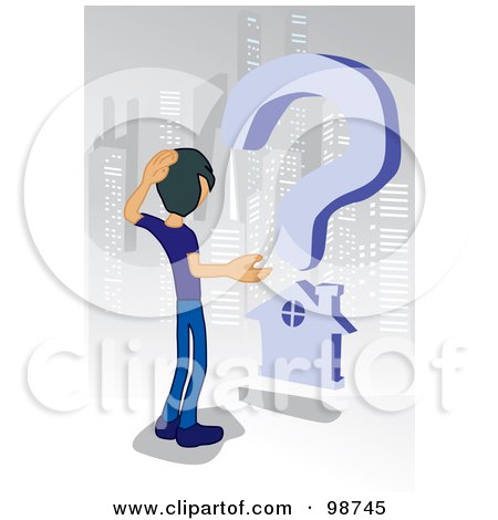 Royalty-Free (RF) Clipart Illustration of a Confused Man Shopping For A Home In A City by mayawizard101