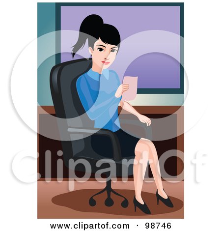 Royalty-Free (RF) Clipart Illustration of a Business Woman Holding A Memo And Sitting In An Office Chair by mayawizard101