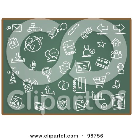 Royalty-Free (RF) Clipart Illustration of a Green Chalk Board With Icon Drawings by Qiun