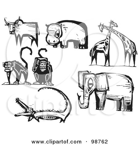 Royalty-Free (RF) Clipart Illustration of a Digital Collage Of Black And White Engraved Zoo Animals by xunantunich