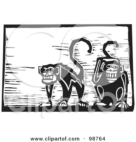 Royalty-Free (RF) Clipart Illustration of Black And White Wood Engraved Monkeys by xunantunich