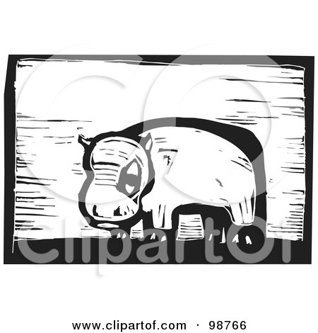 Royalty-Free (RF) Clipart Illustration of a Black And White Wood Engraved Hippo by xunantunich