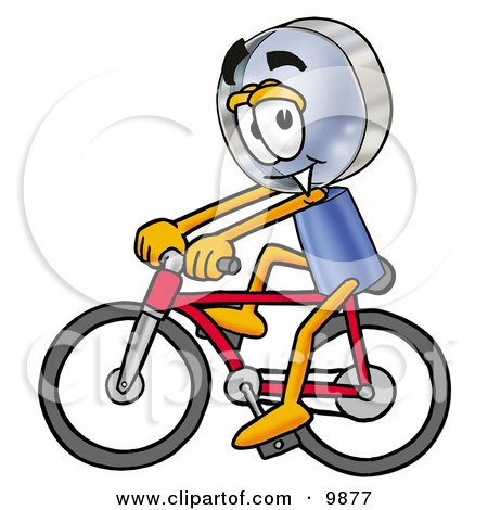Clipart Picture of a Magnifying Glass Mascot Cartoon Character Riding a Bicycle by Mascot Junction