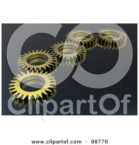 Royalty-Free (RF) Clipart Illustration of a Line Of 3d Gold Cogs Over Gray by chrisroll