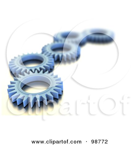 Royalty-Free (RF) Clipart Illustration of a Line Of 3d Blue Cogs Over White by chrisroll