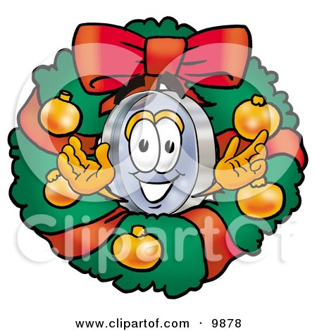 Clipart Picture of a Magnifying Glass Mascot Cartoon Character in the Center of a Christmas Wreath by Mascot Junction