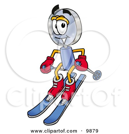 Clipart Picture of a Magnifying Glass Mascot Cartoon Character Skiing Downhill by Mascot Junction