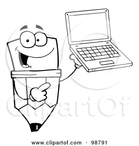 Royalty-Free (RF) Clipart Illustration of an Outlined Pencil Guy Holding A Laptop by Hit Toon