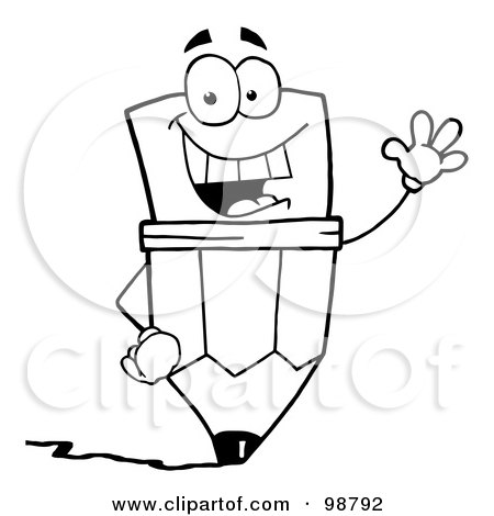 Royalty-Free (RF) Clipart Illustration of an Outlined Pencil Guy Waving by Hit Toon