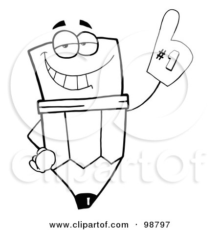 Royalty-Free (RF) Clipart Illustration of an Outlined Pencil Guy Wearing A Number One Glove by Hit Toon