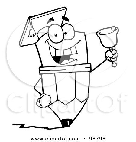 Royalty-Free (RF) Clipart Illustration of an Outlined Pencil Guy Graduate Ringing A Bell by Hit Toon