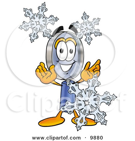 Clipart Picture of a Magnifying Glass Mascot Cartoon Character With Three Snowflakes in Winter by Mascot Junction