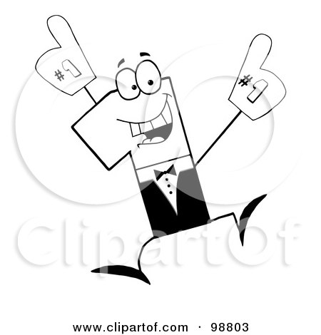 Royalty-Free (RF) Clipart Illustration of a Black And White Number One Character Jumping And Wearing A Glove by Hit Toon