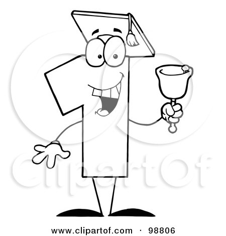Royalty-Free (RF) Clipart Illustration of an Outlined Number One Character Wearing A Graduation Cap And Ringing A Bell by Hit Toon