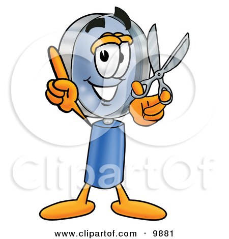 Clipart Picture of a Magnifying Glass Mascot Cartoon Character Holding a Pair of Scissors by Mascot Junction