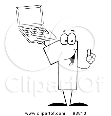 Royalty-Free (RF) Clipart Illustration of an Outlined Number One Character Holding A Laptop by Hit Toon