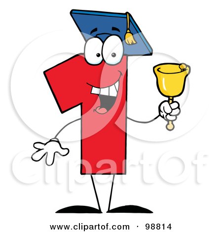 Royalty-Free (RF) Clipart Illustration of a Number One Character Wearing A Graduation Cap And Ringing A Bell by Hit Toon