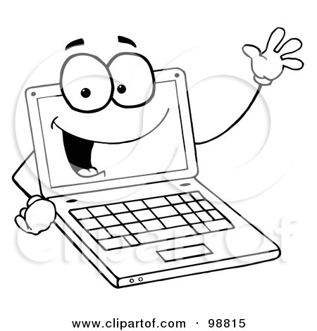 Royalty-Free (RF) Clipart Illustration of an Outlined Laptop Guy Waving And Smiling by Hit Toon