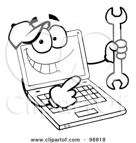 Royalty-Free (RF) Clipart Illustration of an Outlined Laptop Guy Holding a Wrench by Hit Toon