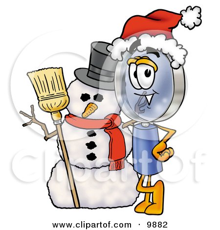 Clipart Picture of a Magnifying Glass Mascot Cartoon Character With a Snowman on Christmas by Mascot Junction