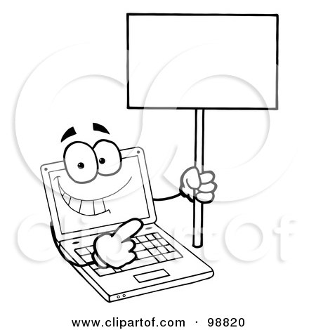 Royalty-Free (RF) Clipart Illustration of a Black And White Laptop Guy Holding a Blank Sign by Hit Toon