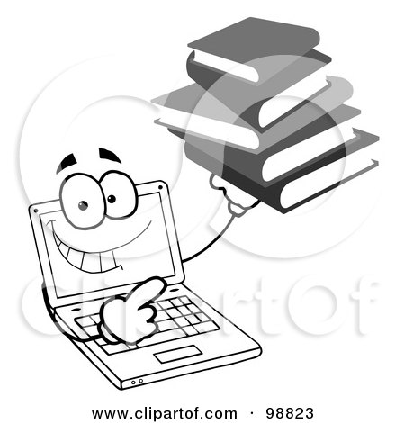 Royalty-Free (RF) Clipart Illustration of a Black And White Laptop Guy Holding a Stack of Books by Hit Toon