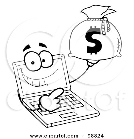 Royalty-Free (RF) Clipart Illustration of an Outlined Laptop Guy Holding a Money Bag by Hit Toon