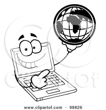 Royalty-Free (RF) Clipart Illustration of an Outlined Laptop Guy Holding a Globe by Hit Toon