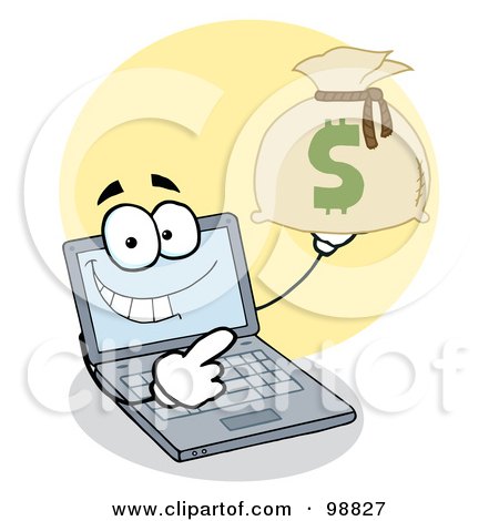 Royalty-Free (RF) Clipart Illustration of a Laptop Guy Holding a Money Sack by Hit Toon