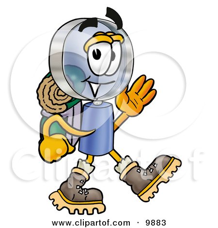 Clipart Picture of a Magnifying Glass Mascot Cartoon Character Hiking and Carrying a Backpack by Mascot Junction