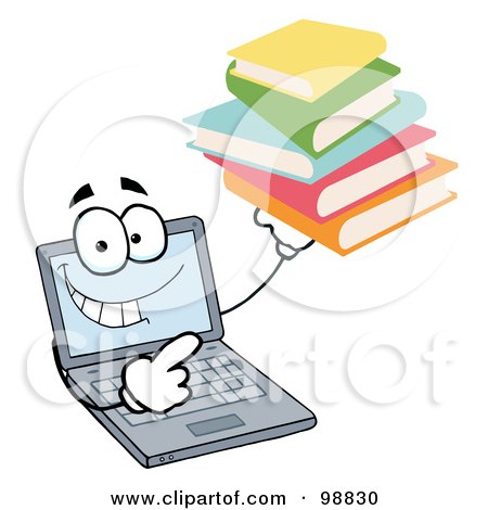 Royalty-Free (RF) Clipart Illustration of a Laptop Guy Holding a Stack of Books by Hit Toon