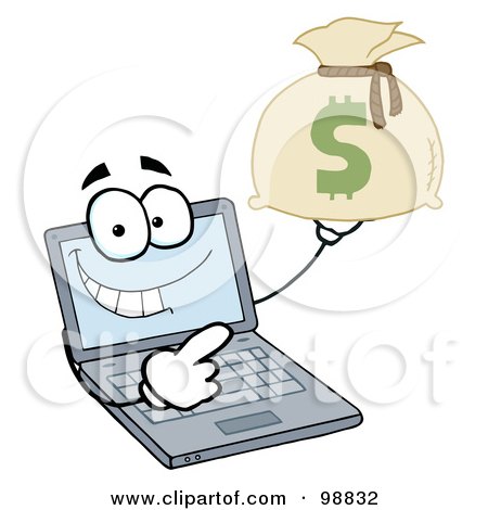 Royalty-Free (RF) Clipart Illustration of a Laptop Guy Holding a Money Bag by Hit Toon