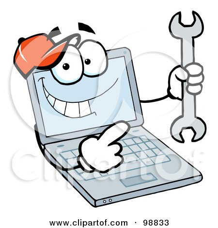 Royalty-Free (RF) Clipart Illustration of a Laptop Guy Holding a Wrench by Hit Toon