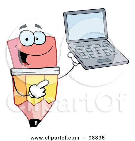 Royalty-Free (RF) Clipart Illustration of a Pencil Guy Holding A Laptop by Hit Toon
