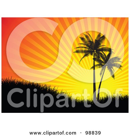 Royalty-Free (RF) Clipart Illustration of Two Palm Trees And Grass Silhouetted Against A Tropical Orange Sunset by KJ Pargeter