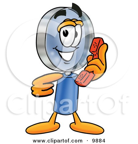 Clipart Picture of a Magnifying Glass Mascot Cartoon Character Holding a Telephone by Mascot Junction