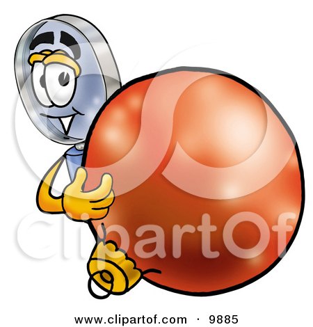 Clipart Picture of a Magnifying Glass Mascot Cartoon Character Standing With a Christmas Bauble by Mascot Junction
