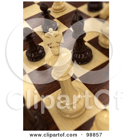 Royalty-Free (RF) Clipart Illustration of a 3d White Wooden Chess King On Board by stockillustrations