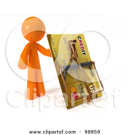 Royalty-Free (RF) Clipart Illustration of a 3d Orange Man Holding Up A Credit Card Trap by Leo Blanchette