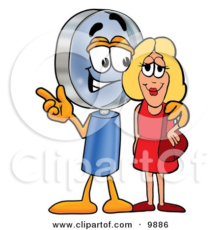 Clipart Picture of a Magnifying Glass Mascot Cartoon Character Talking to a Pretty Blond Woman by Mascot Junction