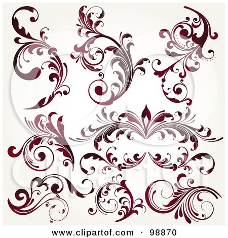 Royalty-Free (RF) Clipart Illustration of a Digital Collage Of Red Leafy Flourish Design Elements by OnFocusMedia