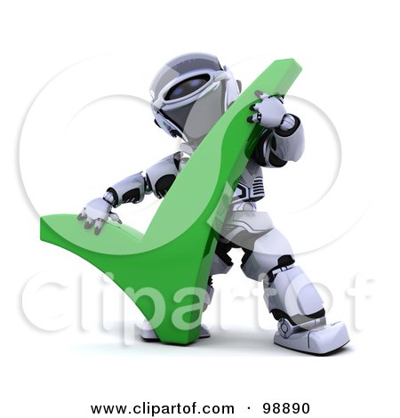 Royalty-Free (RF) Clipart Illustration of a 3d Silver Robot Holding a Tick Mark by KJ Pargeter