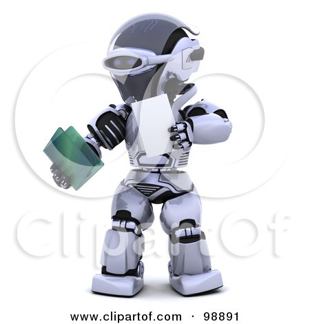 Royalty-Free (RF) Clipart Illustration of a 3d Silver Robot Holding a File by KJ Pargeter