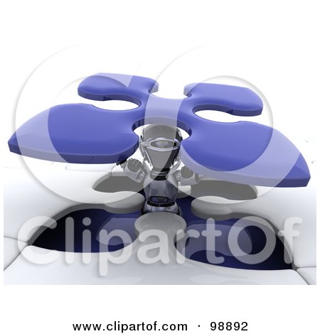 Royalty-Free (RF) Clipart Illustration of a 3d Silver Robot Popping Out of a Puzzle by KJ Pargeter