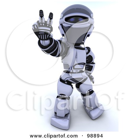 Royalty-Free (RF) Clipart Illustration of a 3d Silver Robot Gesturing Peace by KJ Pargeter