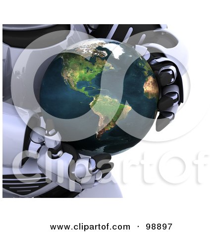 Royalty-Free (RF) Clipart Illustration of a 3d Silver Robot Holding a Globe by KJ Pargeter