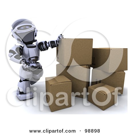 Royalty-Free (RF) Clipart Illustration of a 3d Silver Robot With Cardboard Boxes by KJ Pargeter